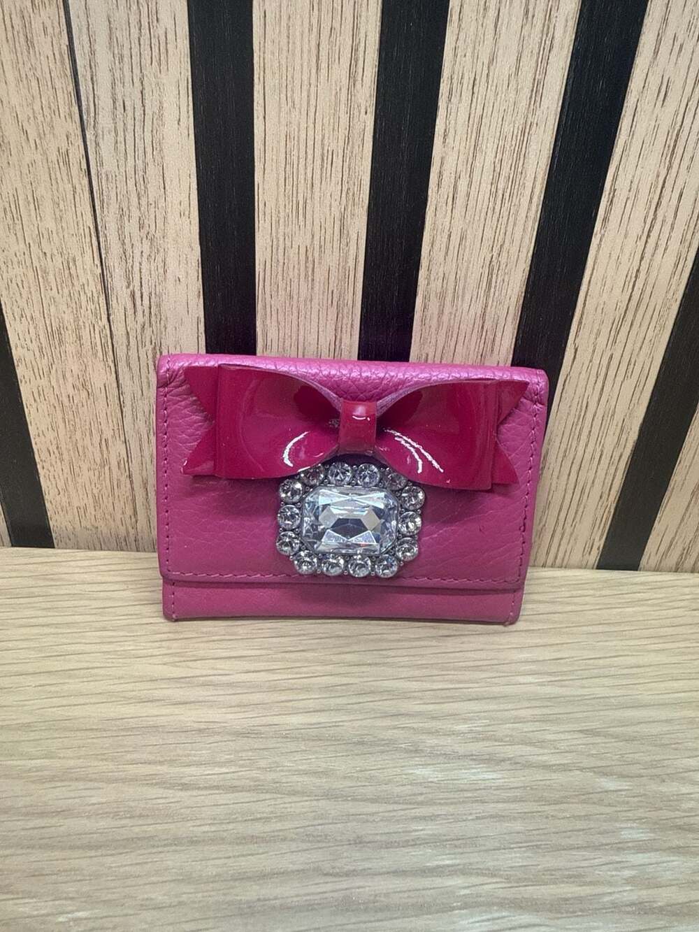 My Flat in London Pink Leather Jeweled Bow Mini Card Case Wallet